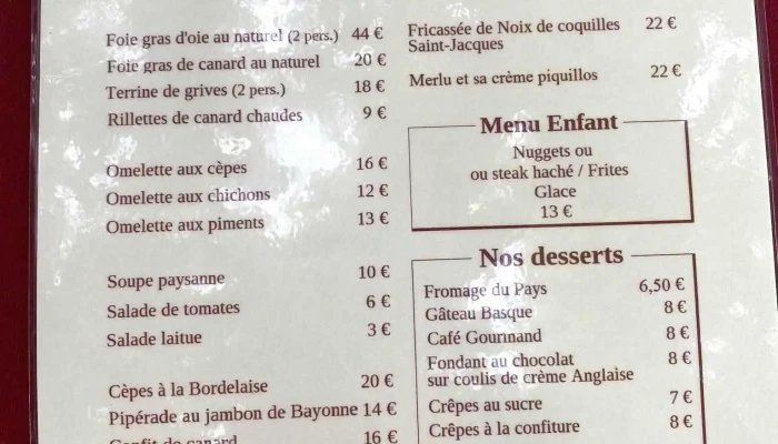 Auberge Dachtal   Changement De Proprietaire Menu - Arcangues