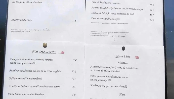 Auberge Des Roses -  Menu - Monein