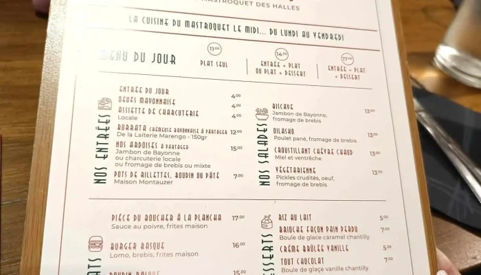Bar Francois Menu - Bayonne