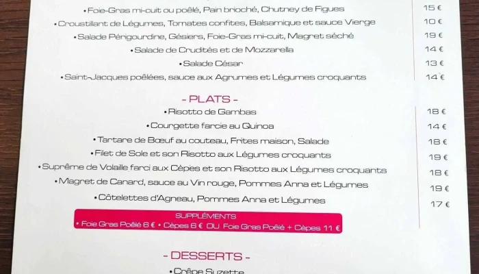 Le Restaurant Bellevue -  Menu - Bergerac